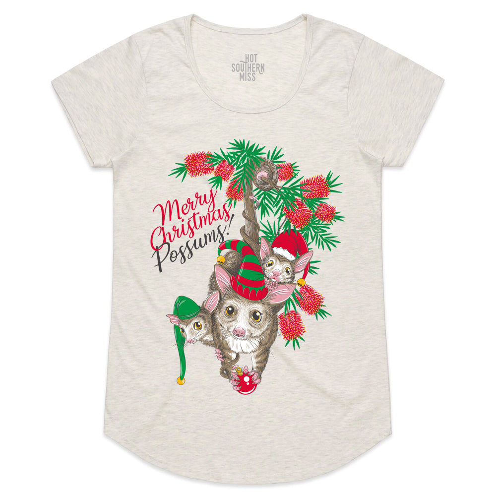 Merry Christmas Possums Ladies Scoop Cream Tee