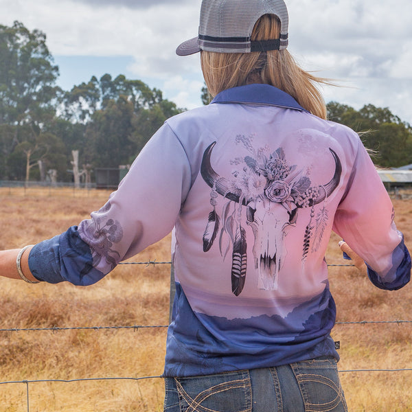Australian Floral Cow Skull Adults Fishing Shirt - Dawn – Hot Southern Miss