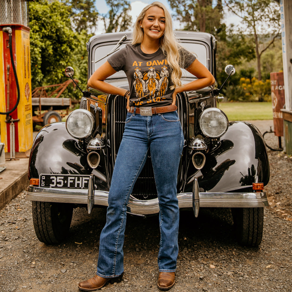 At Dawn We Ride Ladies Dusty Black Tee