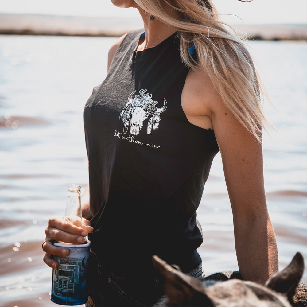 White Floral Cow Skull Ladies Black Tank