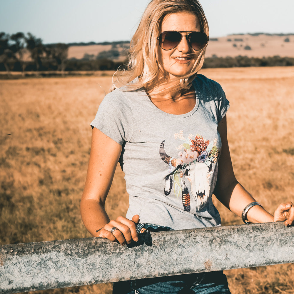 Australian Floral Cow Skull Ladies Scoop Grey Marle Tee