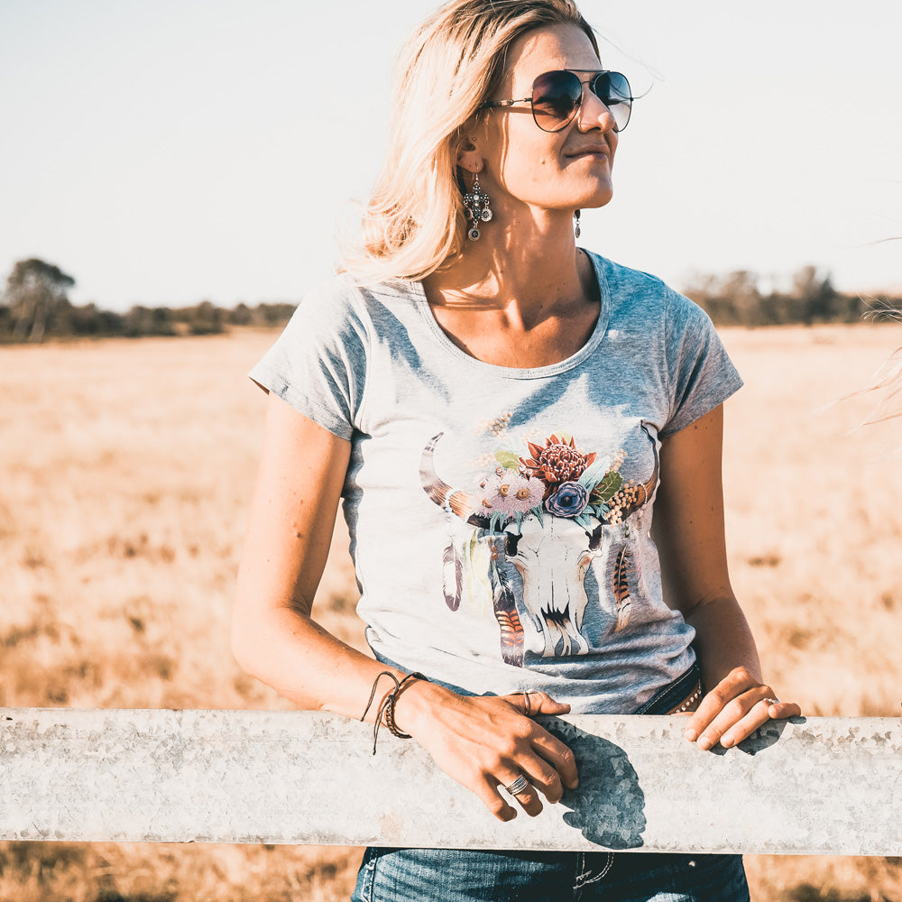 Australian Floral Cow Skull Ladies Scoop Grey Marle Tee