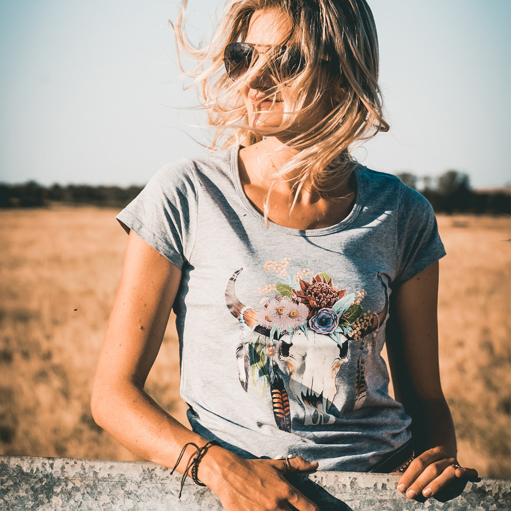 Australian Floral Cow Skull Ladies Scoop Grey Marle Tee