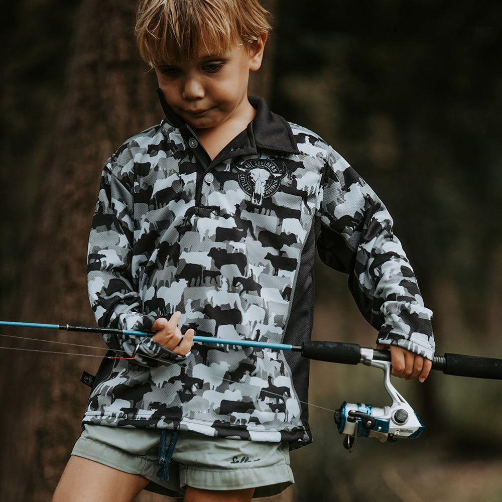 Cattle Co Kids Fishing Shirt - Grey Camo