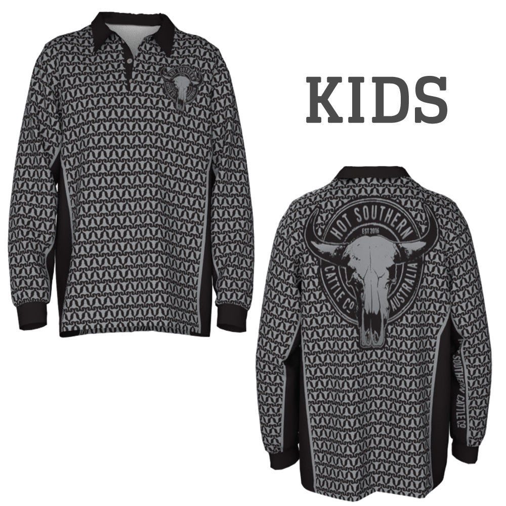Cattle Co Kids Fishing Shirt - Grey Skulls