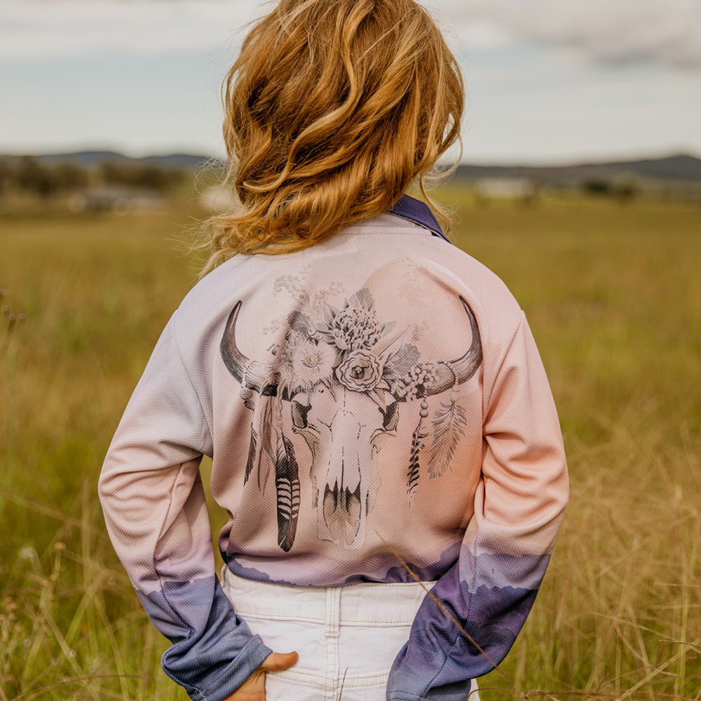 Australian Floral Cow Skull Kids Fishing Shirt - Dawn