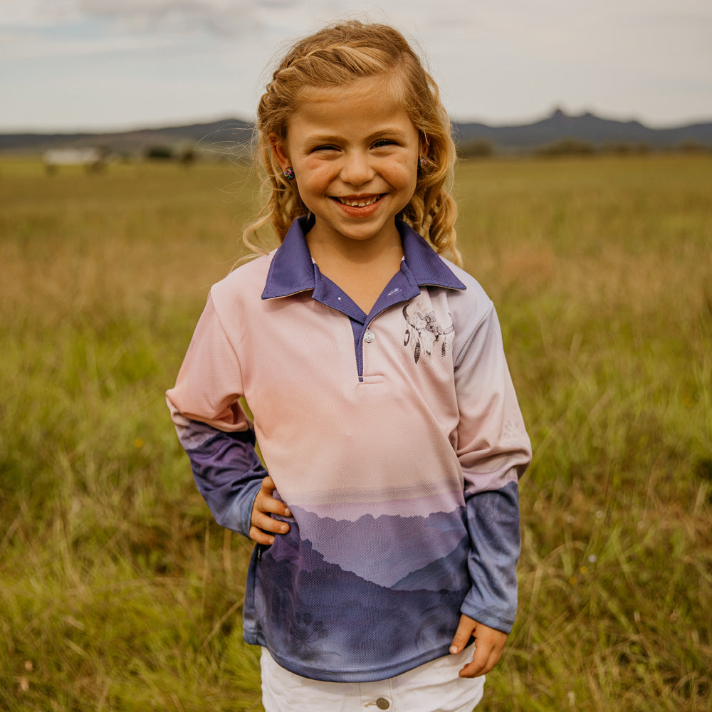 Australian Floral Cow Skull Kids Fishing Shirt - Dawn