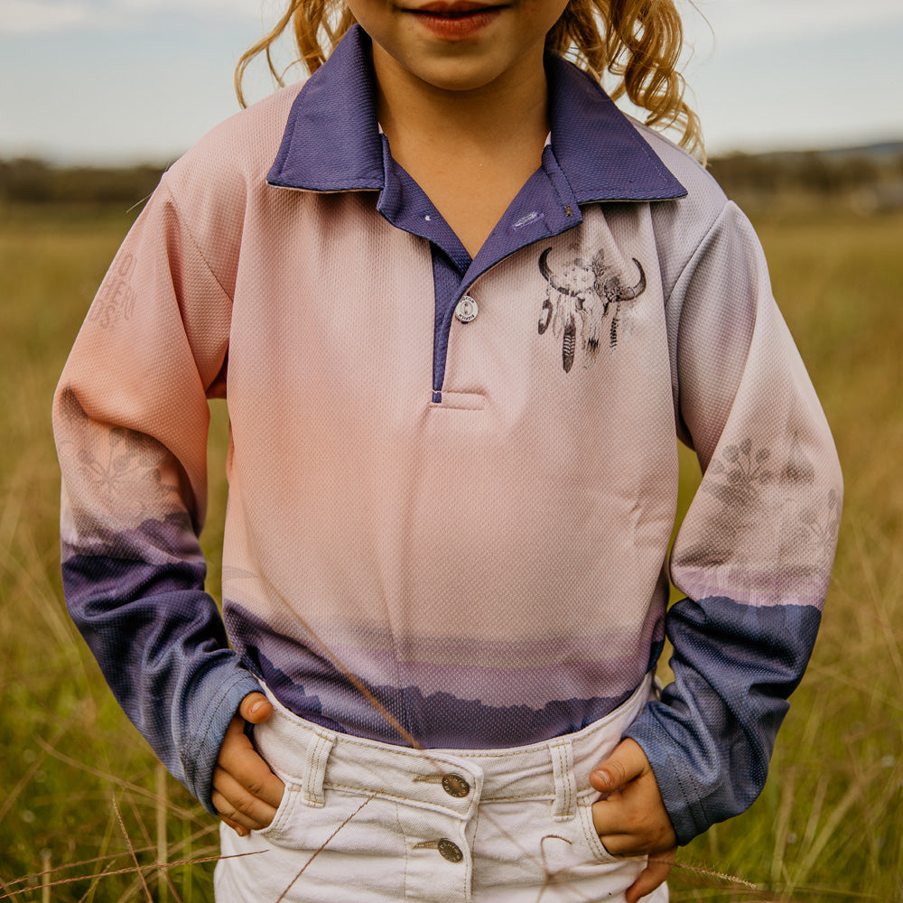 Australian Floral Cow Skull Kids Fishing Shirt - Dawn