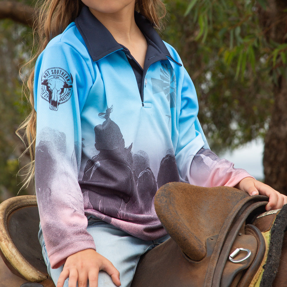 Cattle Co Kids Fishing Shirt - Blue & Peach Drover