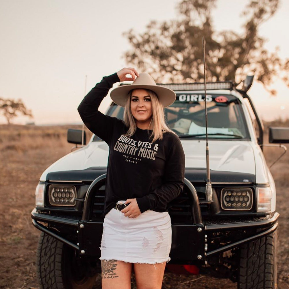 Boots, Utes & Country Music Unisex Long Sleeve Black Tee