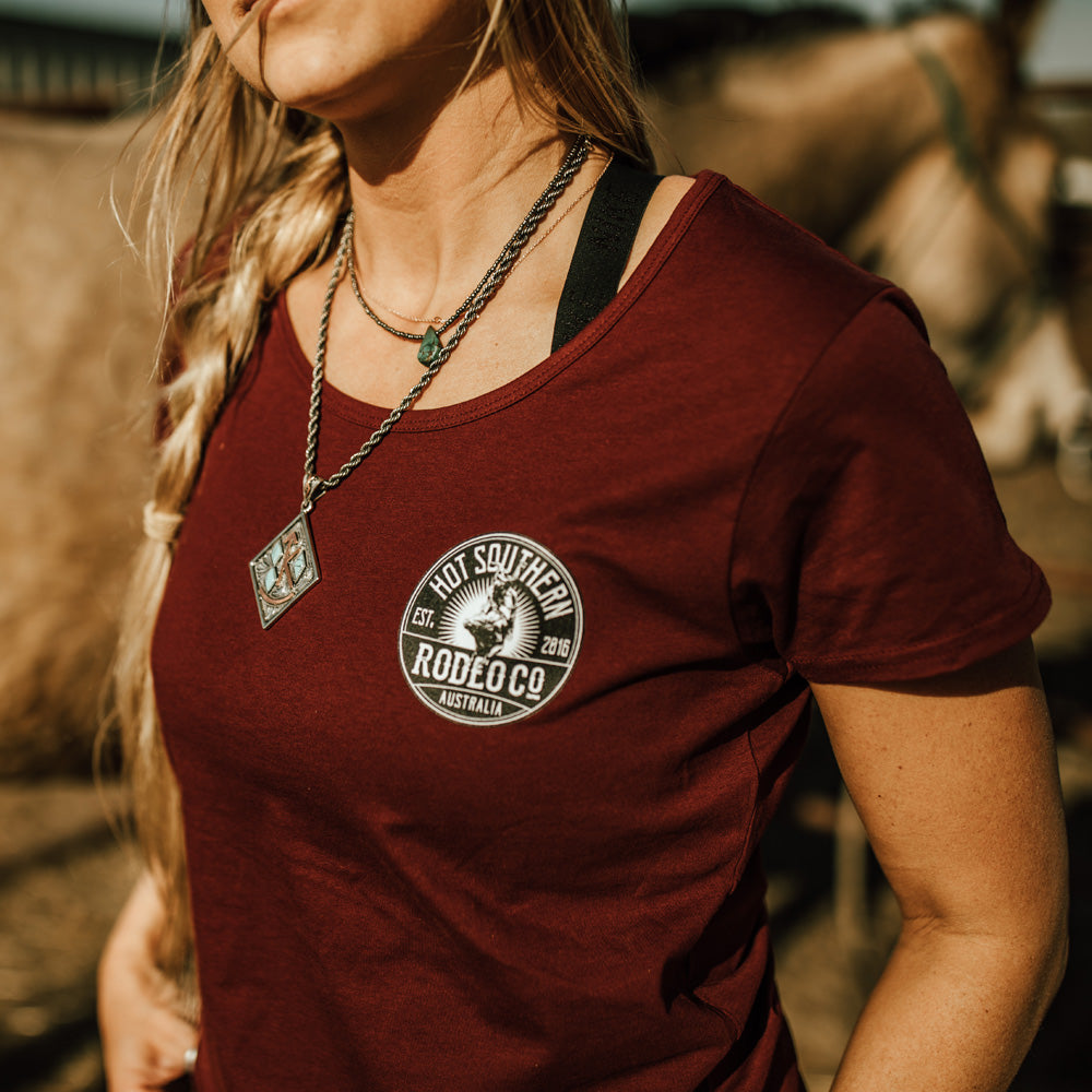 Bull Rodeo Co Ladies Scoop Maroon Tee