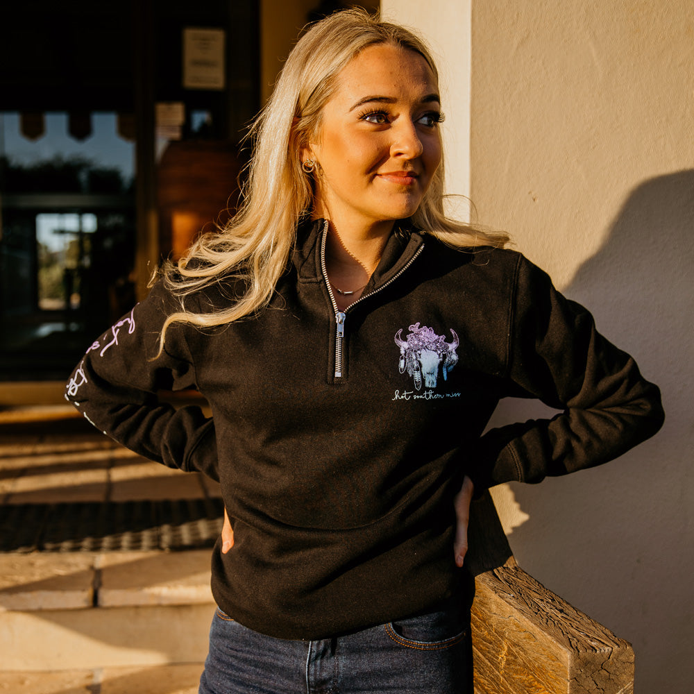 Pastel Floral Cow Skull Unisex Fleece Black Half Zip