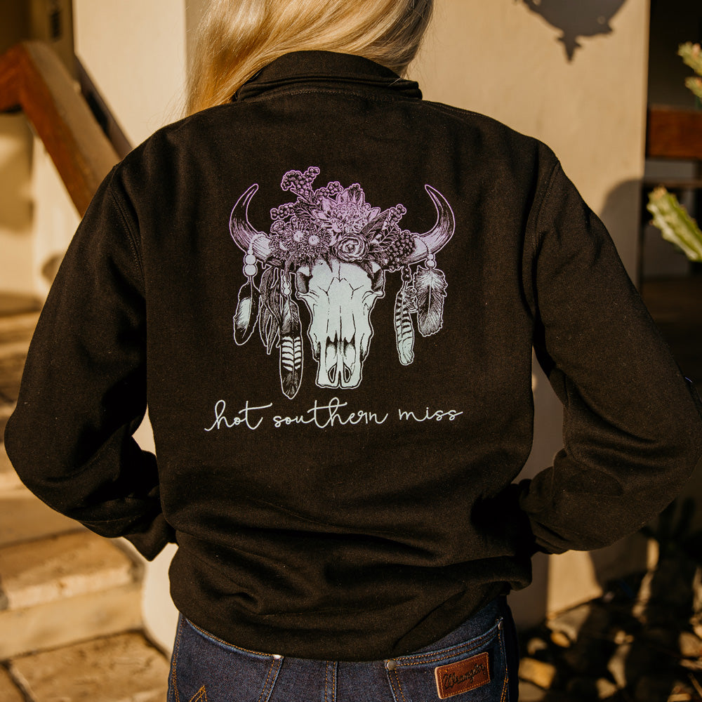 Pastel Floral Cow Skull Unisex Fleece Black Half Zip