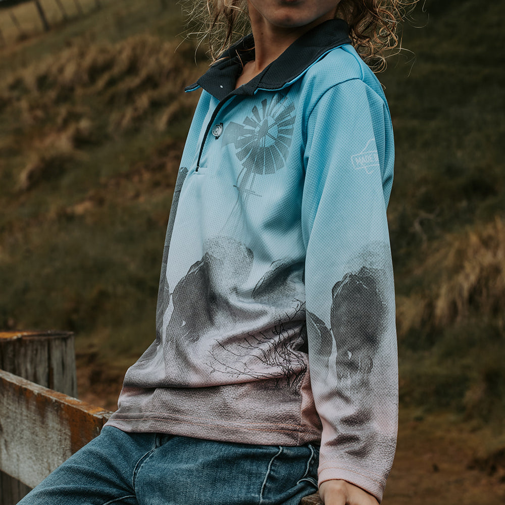 Cattle Co Kids Fishing Shirt - Blue & Peach Drover