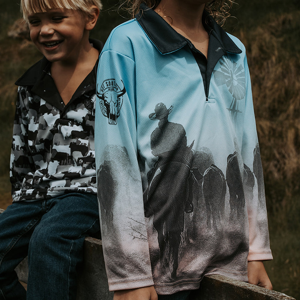 Cattle Co Kids Fishing Shirt - Blue & Peach Drover