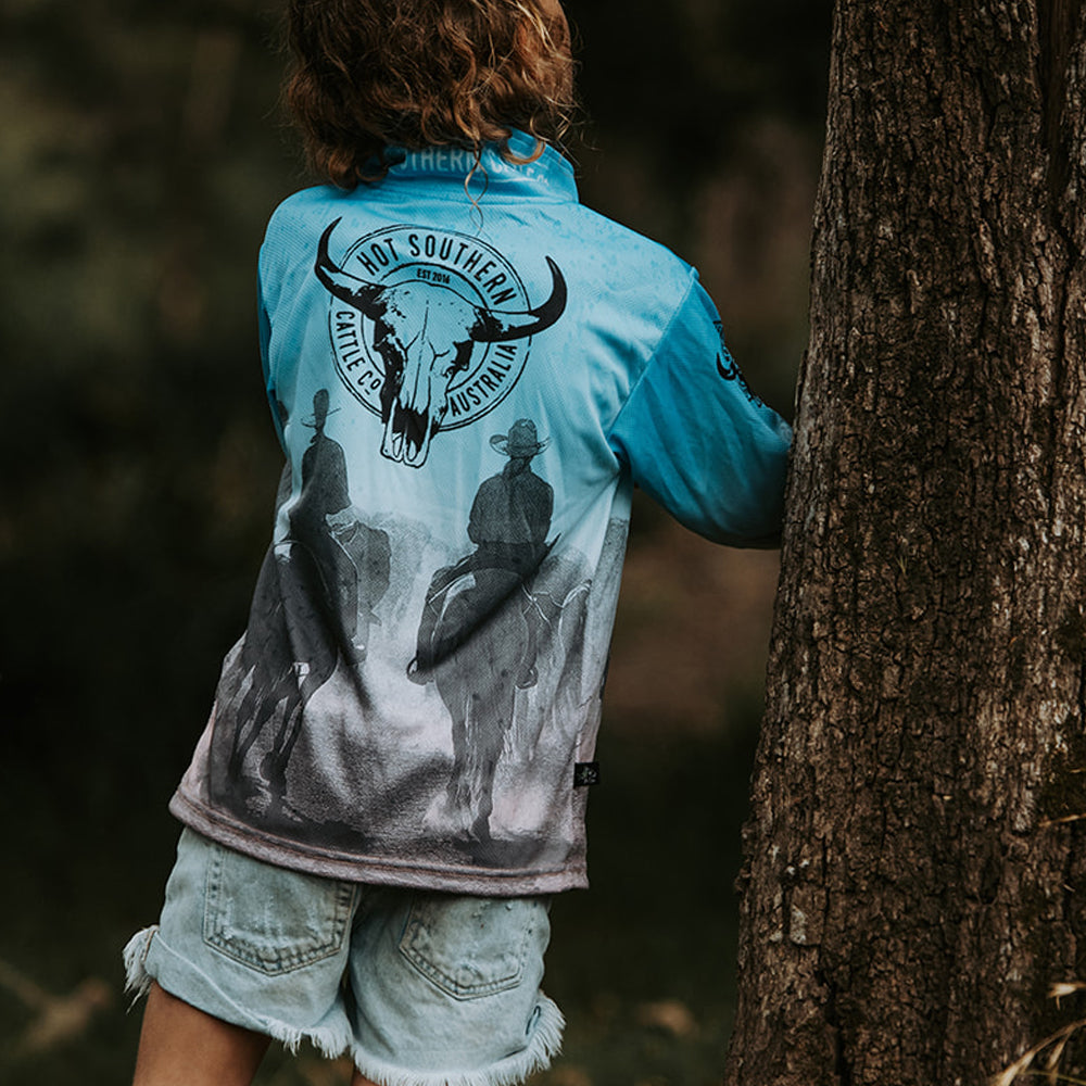 Cattle Co Kids Fishing Shirt - Blue & Peach Drover