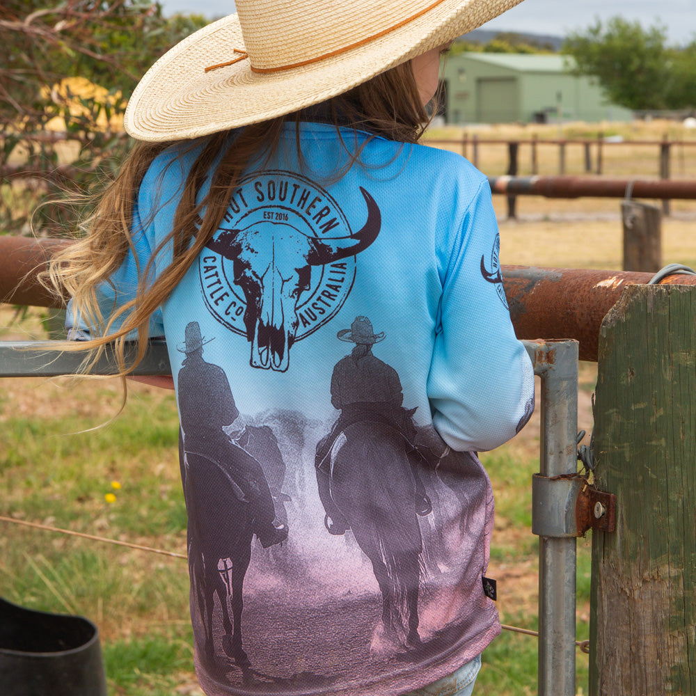 Cattle Co Kids Fishing Shirt - Blue & Peach Drover
