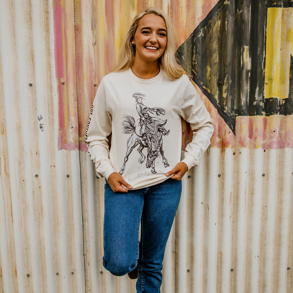 Saddle Bronc Unisex Long Sleeve Cream Tee