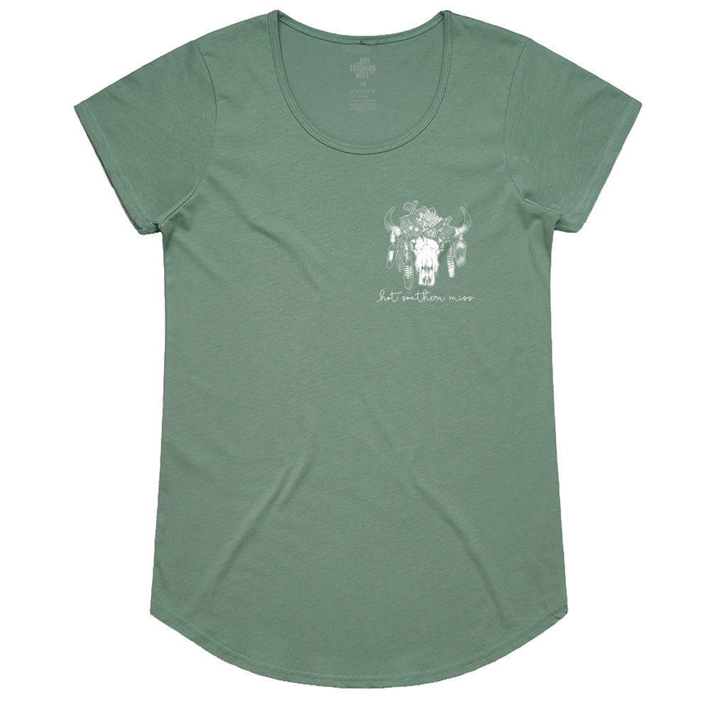 White Floral Cow Skull Ladies Scoop Sage Tee