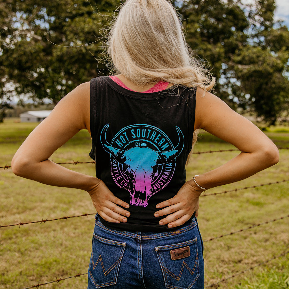 Turquoise/Purple Cattle Co Ladies Black Singlet