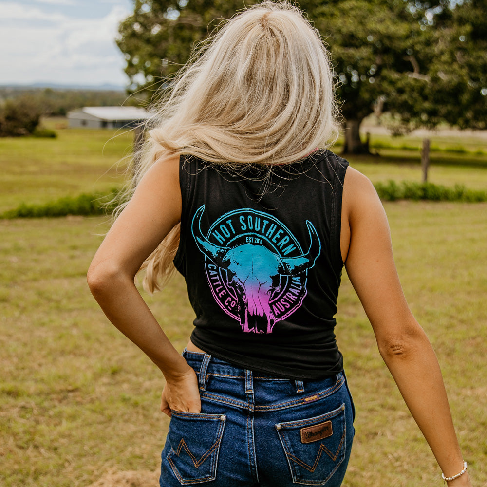 Turquoise/Purple Cattle Co Ladies Black Singlet