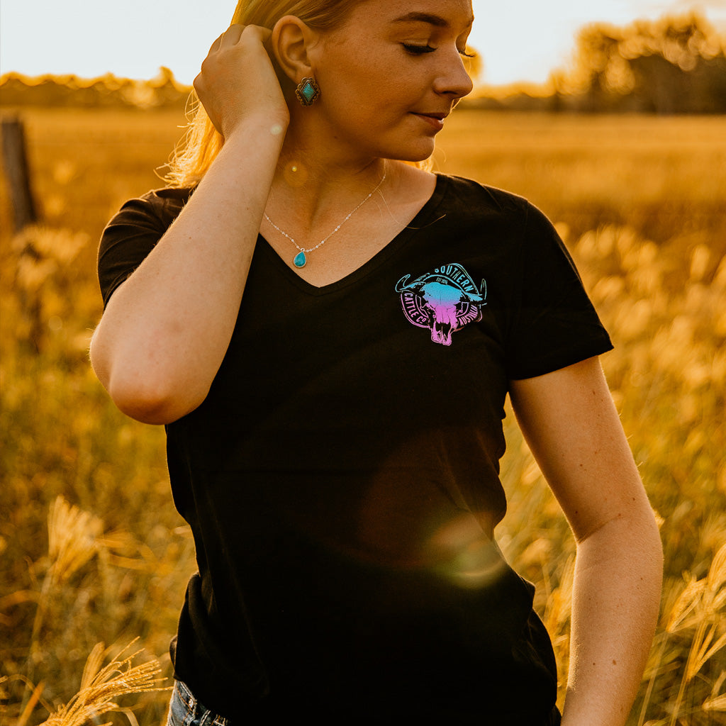 Turquoise/Purple Cattle Co Ladies V-Neck Black Tee
