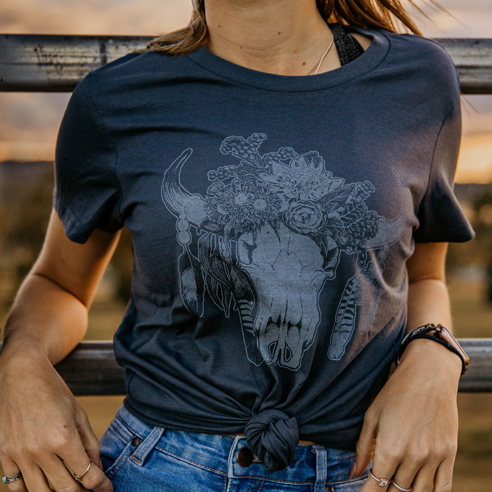 Floral Cow Skull Ladies Petrol Blue Tee