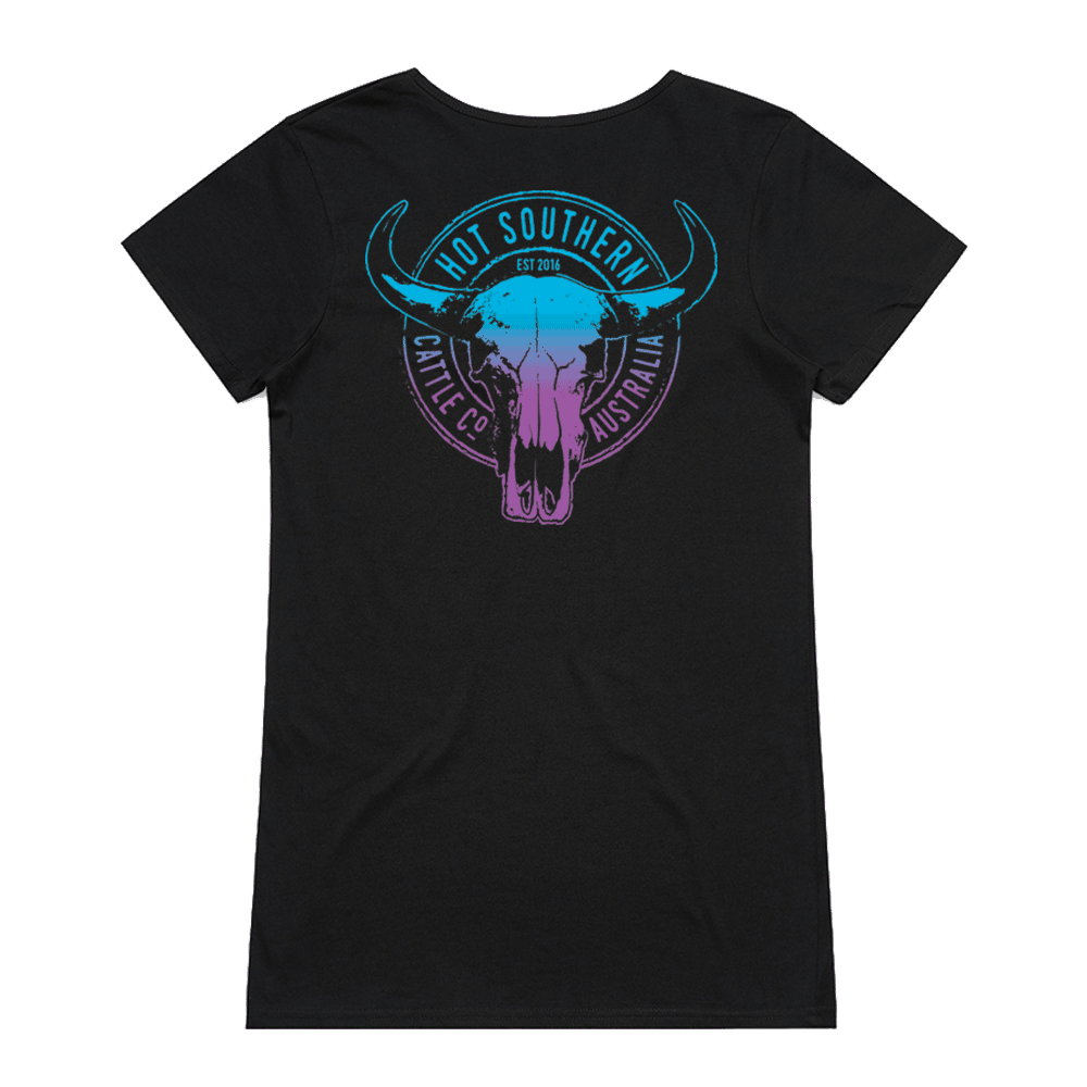 Turquoise/Purple Cattle Co Ladies V-Neck Black Tee