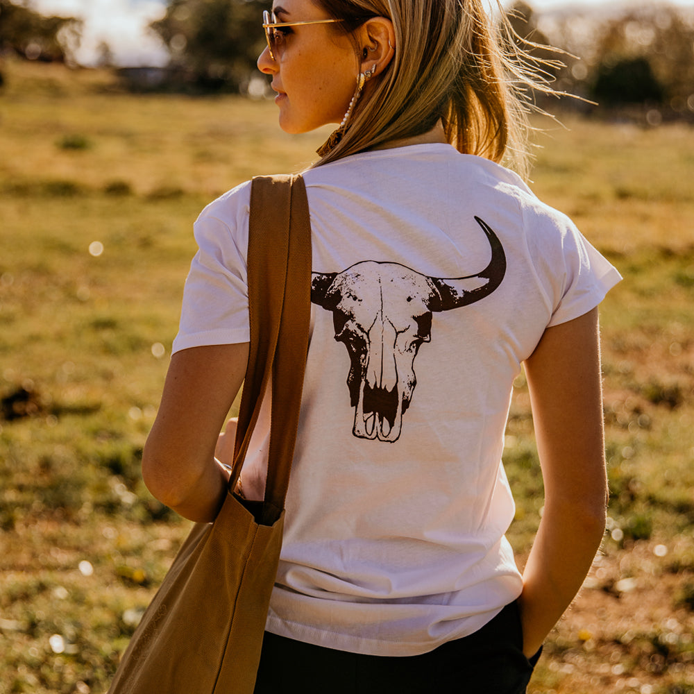 Signature Cow Skull Ladies V-Neck White Tee