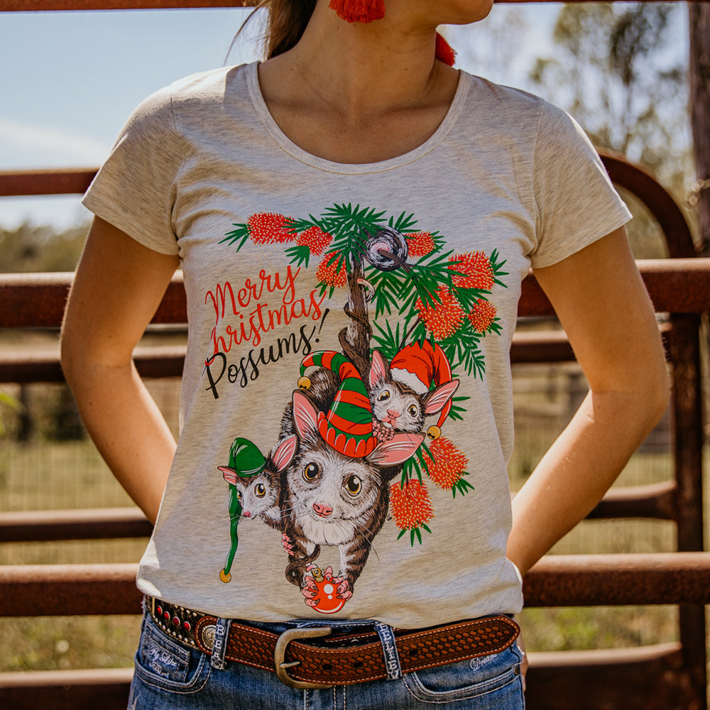 Merry Christmas Possums Ladies Scoop Cream Tee
